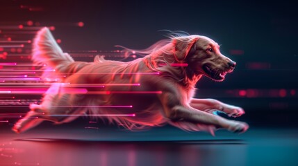 Active golden retriever jumping and running, side view, vibrant energy, cybernetic tone, Tetradic color scheme with glowing circuitry patterns, futuristic city backdrop