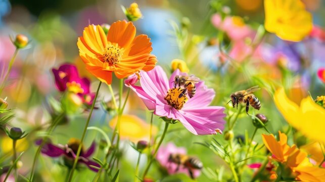 vibrant scene of bees actively pollinating colorful flowers and aiding plant growth