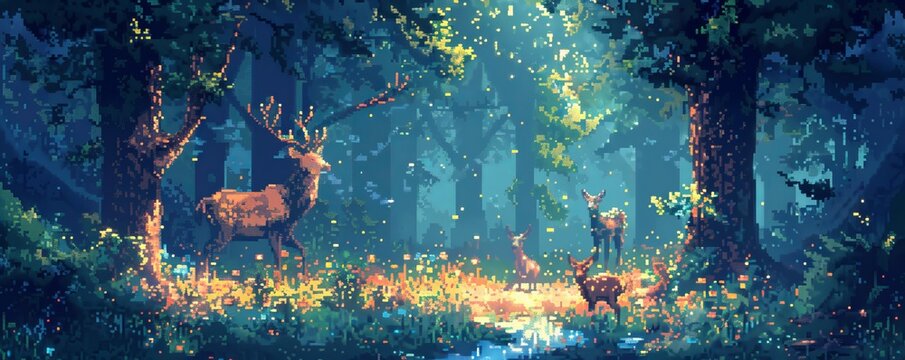 A pixel art rendition of a pixelated forest teeming with pixelated wildlife, their pixelated forms exploring the pixelated trees.