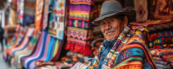 Obraz premium A street vendor selling handmade textiles from a market stall, showcasing traditional weaving techniques and vibrant colors.