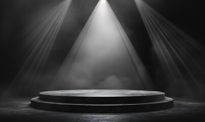 An empty, dark podium stand with a spotlight effect, showcasing a minimalist yet impactful design concept