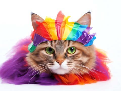 Colorful tabby cat wearing a rainbow tutu and headband, with green eyes and a curious expression. Perfect for festive and playful themes.