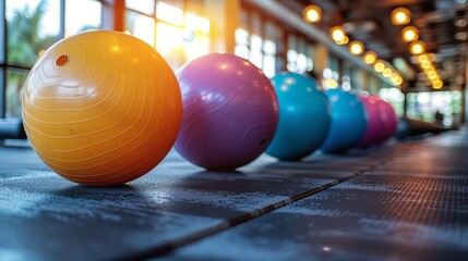A row of brightly colored exercise balls, including orange, purple, blue, and pink, are neatly aligned on a gym floor