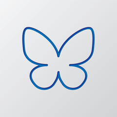 Butterfly simple icon vector. Flat design. Paper cut design. Cutted blue symbol with shadow. Gray background