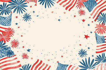 Fototapeta premium Frame of usa flags and fireworks in retro style, space for text in the middle on a beige background, card for independence day, for the fourth of july