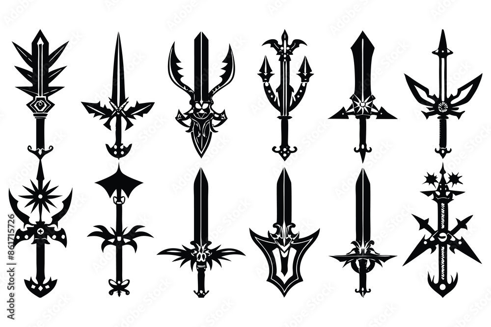 Wall mural 16 pich different type battle sword black silhoue wight background