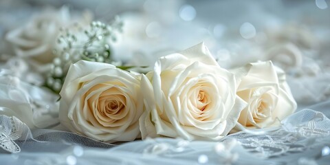Obraz premium Elegant and Romantic White Roses Wedding Ring Satin Lace Symbolic Arrangement. Concept Wedding Rings, White Roses, Satin Lace, Romantic Arrangement, Symbolic touches