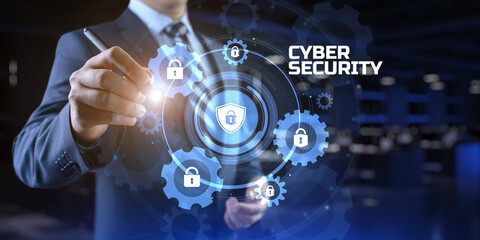 Cyber security access control data protection personal information privacy concept. Businessman pressing button on screen.