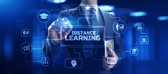 Distance education remote learning e-learning. Businessman pressing button on screen.