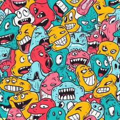 Obraz premium Colorful Cartoon Doodle Faces Pattern with Various Expressions and Emotions