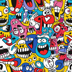 Colorful Abstract Cartoon Faces Pattern with Various Expressions and Emotions