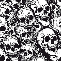 Intricate Black and White Skull Pattern - Seamless Halloween and Gothic Themed Background