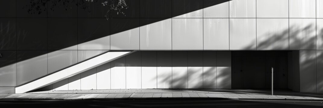 The harsh angular shadows of a building contrast with the soft golden light of the sunrise. Black and white art