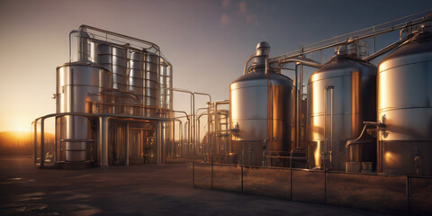 Obraz premium Beer brewery with sunset in background. Extremely detailed high resolution illustration