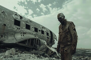 Zombie apocalypse survivor in front of a crashed plane.