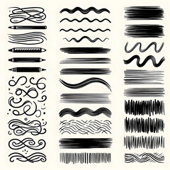 Underline brushstroke set, line scribble doodle, black pencil vector hand drawn divider collection. Sketch marker border, crayon stripe kit, grunge creative text decoration. Underline brushstroke
