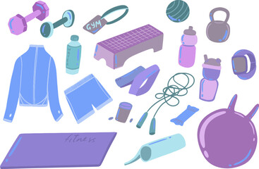 Set of sports equipment. Dumbbell, barbell, clothes. Yoga equipment, for the gym