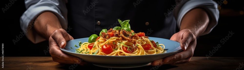 Poster chef's hands presenting a plate of perfectly cooked spaghetti with tomato sauce - Posters