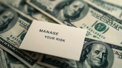 Close-up of a note with 'Manage Your Risk' on a pile of hundred-dollar bills, emphasizing financial caution and money management.