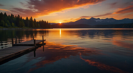 A stunning sunset over a serene lake with vibrant colors reflecting on the water. Ensure the composition includes natural elements like trees, mountains, or a pier


