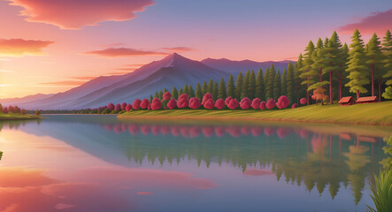 A stunning sunset over a serene lake with vibrant colors reflecting on the water. Ensure the composition includes natural elements like trees, mountains, or a pier

