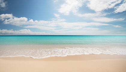 Obraz premium Tranquil beach with clear turquoise waters lapping onto white sandy shore under a partly cloudy sky, tropical travel nature relaxation tourism