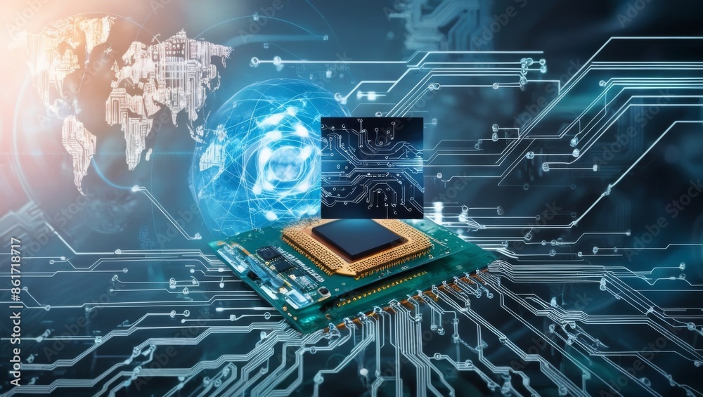 Poster Abstract technology background featuring a quantum computing system with a processor and electronic circuits