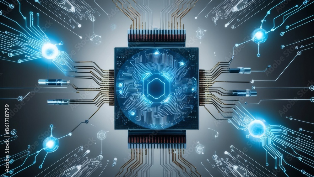 Poster Abstract technology background featuring a quantum computing system with a processor and electronic circuits