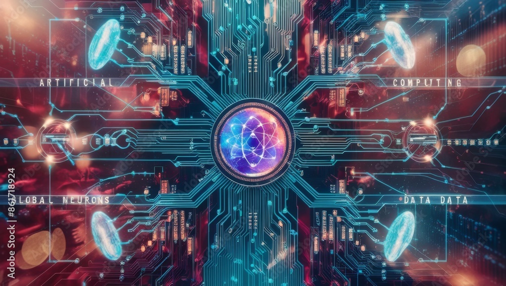Poster Abstract technology background featuring a quantum computing system with a processor and electronic circuits