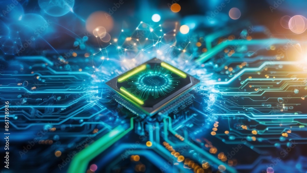 Aufkleber Abstract technology background featuring a quantum computing system with a processor and electronic circuits