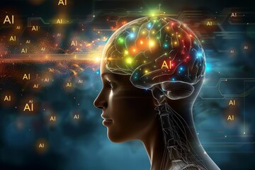 Futuristic Human Head with Neural Connections, Digital Art, AI Brain, Colorful, Advanced Technology, Cyber Intelligence, Modern AI Visuals, Smart Brain Concept, High Tech Neural Pathways, Innovative T