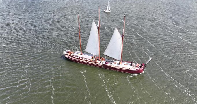 Aerial view of Radboud ship in a sailing cruise on the IJsselmeer at the daytime in the Netherlands