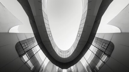 A symmetrical composition of bold curves and sharp angles highlights the precision and intricacy of a modern buildings architectural details. Black and white art
