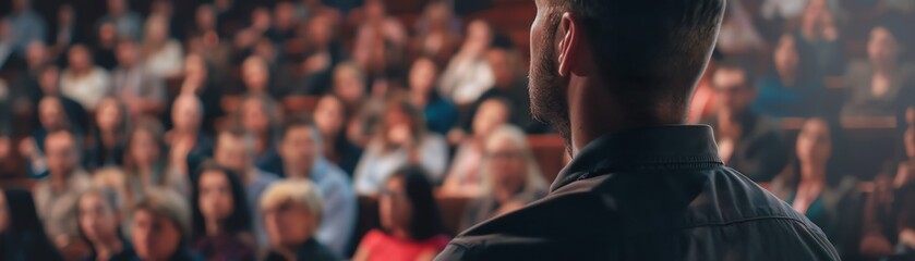 Speaker addressing a large audience in a seminar or conference setting. Focus on speaker with blurred audience in the background.