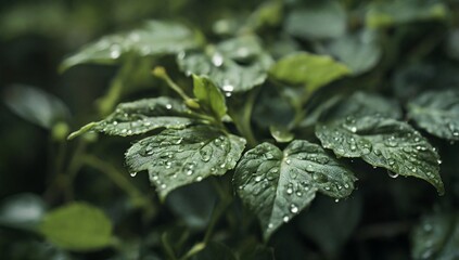 Close-up view of leaves on a plant growing upwards with dew detail