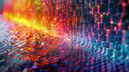 Obraz premium This image showcases a vibrant, abstract digital art piece featuring a dynamic array of geometric shapes, hexagons, and cubes. 