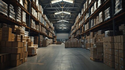 wide interior view of large warehouse storing piles of boxes and packages shipping storage hanger shot