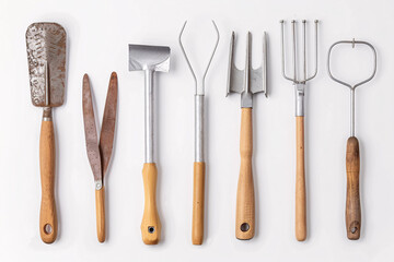 A collection of gardening tools with wooden handles, laid out on a white surface.  The tools include a trowel, hand rake, shears, and a cultivator.