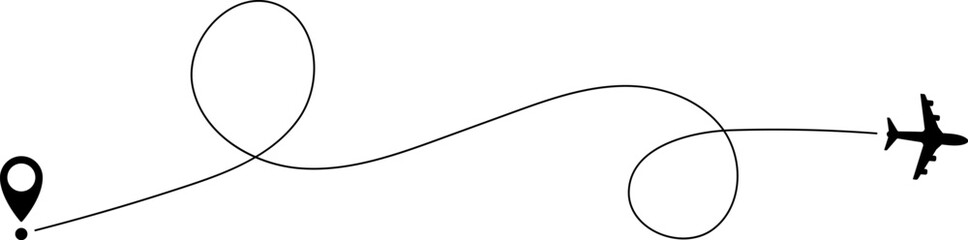 Airplane line path icon of air plane flight route with start point and line trace. Vector illustration.