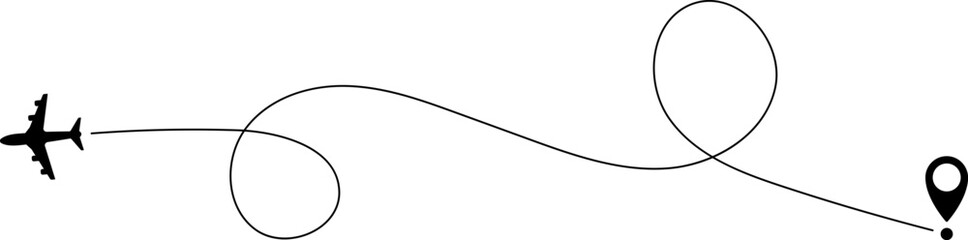 Airplane line path icon of air plane flight route with start point and line trace. Vector illustration.