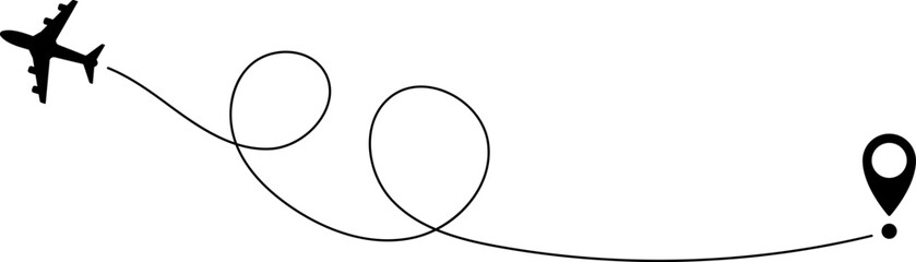 Airplane line path icon of air plane flight route with start point and line trace. Vector illustration.