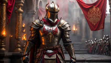 A knight in his armor and his court in the background