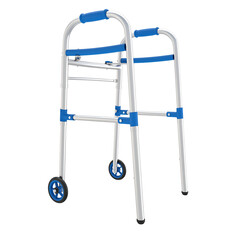 Image of a medical walker equipped with wheels for patient mobility and support, used in healthcare facilities to assist patients with walking difficulties