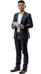 [Transparent Background PNG]Full Body Portrait of Asian Businessman Holding Tablet