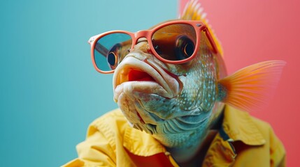Image of stylish Piranha in trendy sunglasses and outfit looking at camera against two colored background, Copyspace