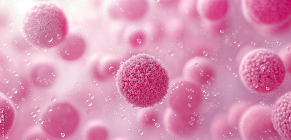 Aufkleber pink fluffy spheres floating among water droplets. macro shot of abstract cellular structures. biolo