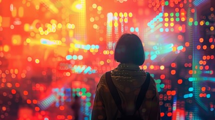 Immersive Technology Engrossed Individual Watching Vibrant Digital Display at Event with Dynamic Graphics Futuristic Innovation and Excitement