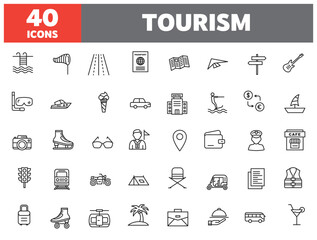 Set of 40 line icons tourism. Outline icon collection. Editable stroke. Vector illustration.