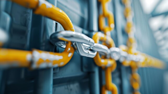 Cargo container being locked down on a ship's deck, close-up of safety chains and secure latching systems, workers following strict safety protocols, emphasizing secure maritime cargo handling