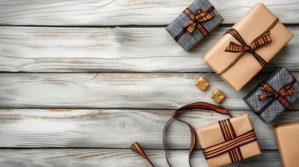 A selection of beautifully wrapped gift boxes with orange and black striped and plaid ribbons, set on a rustic wooden background, showing a festive air.